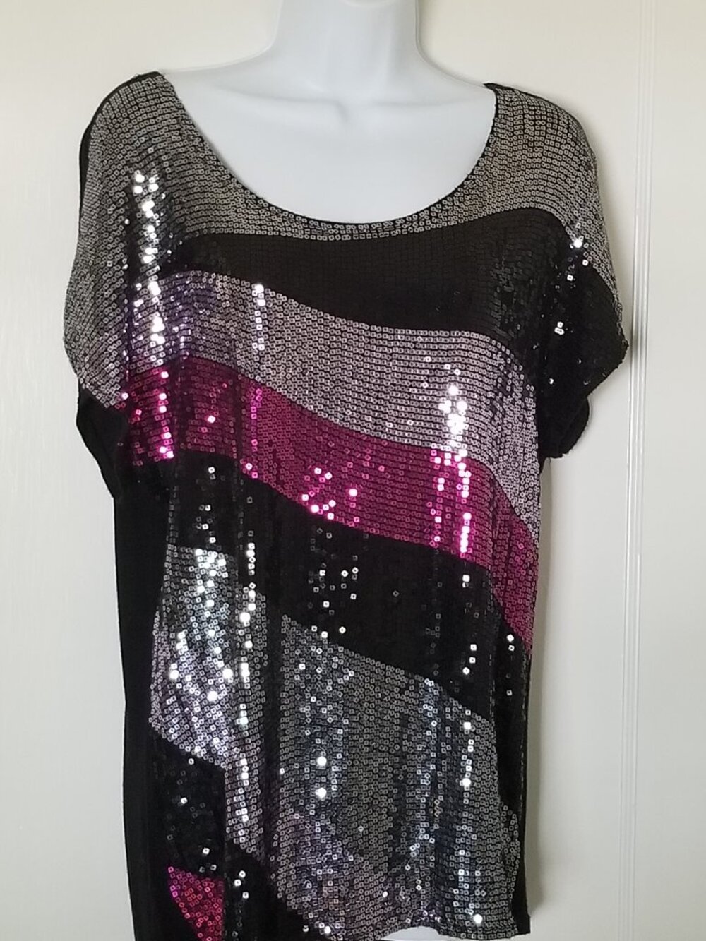 Sequin Stripe Short-Sleeve Women's Top in Black, Silver and Pink